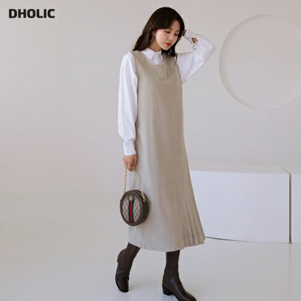 プリーツスリーブレスワンピース・全2色・t62420 レディース 【ops】【韓国 ファッション ワンピース プリーツワンピース Hライン スリーブレス プリーツ ロング Vネック バックファスナー アンバランス スクエアネック カジュアル 秋 冬】