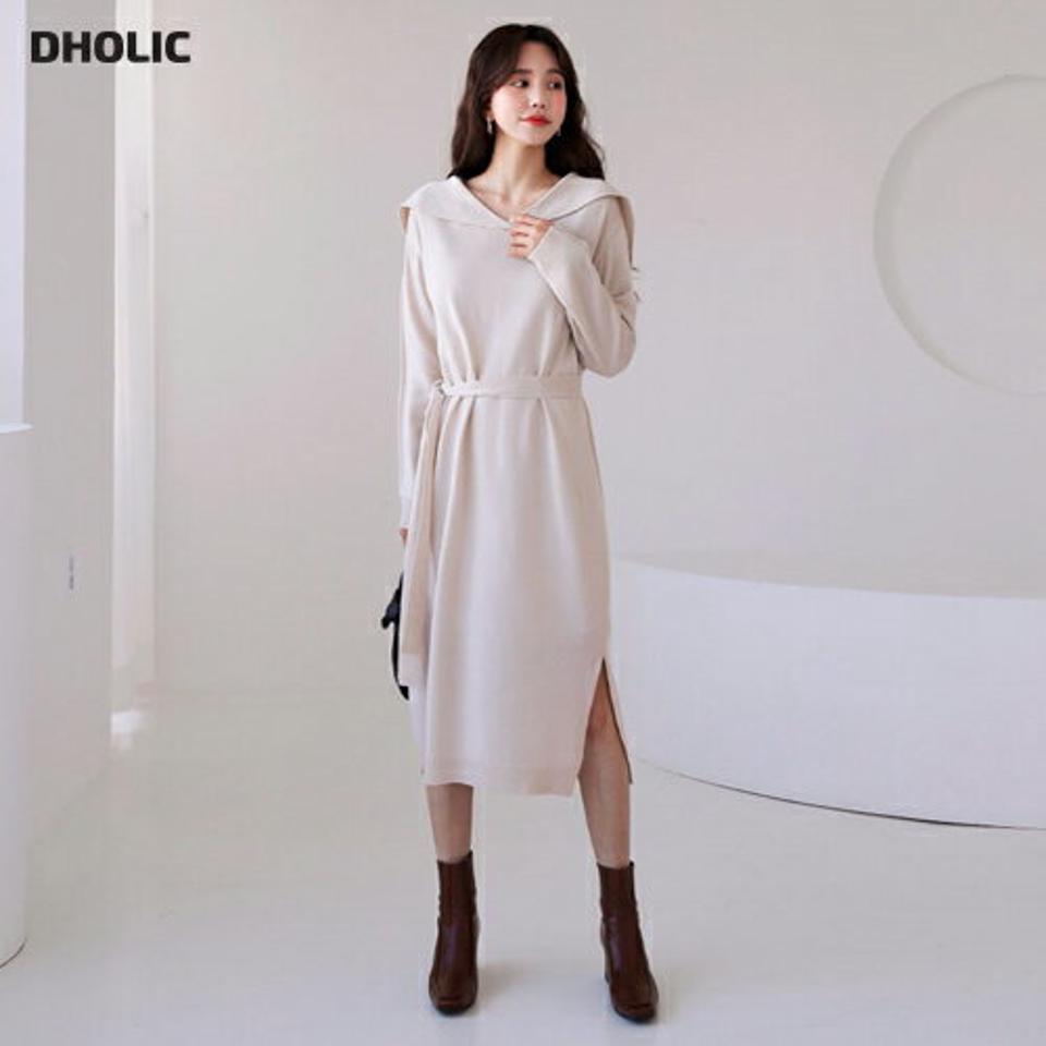 ストラップ付ビッグカラーワンピース・全3色・b62421 レディース 【ops】【韓国 ファッション ワンピース カラーワンピース スリット ロング ロングワンピース ウエストストラップ 暖かい カラー 体型カバー 襟 ポイント カジュアル 秋 冬】