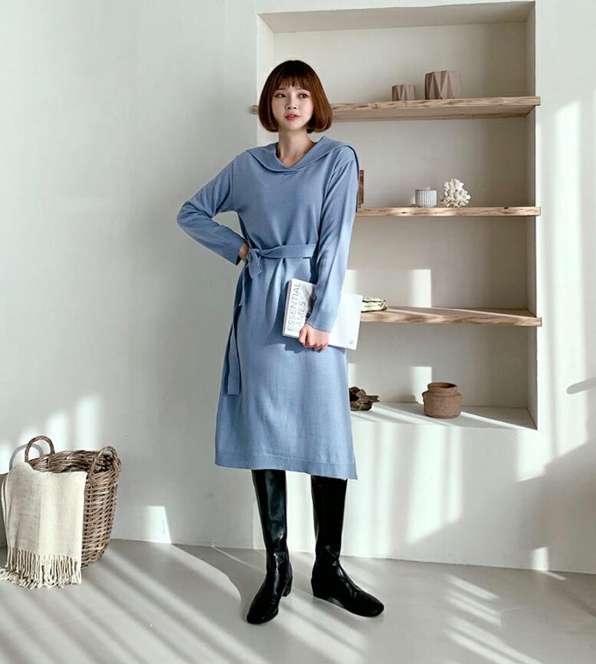 ストラップ付ビッグカラーワンピース・全3色・b62421 レディース 【ops】【韓国 ファッション ワンピース カラーワンピース スリット ロング ロングワンピース ウエストストラップ 暖かい カラー 体型カバー 襟 ポイント カジュアル 秋 冬】