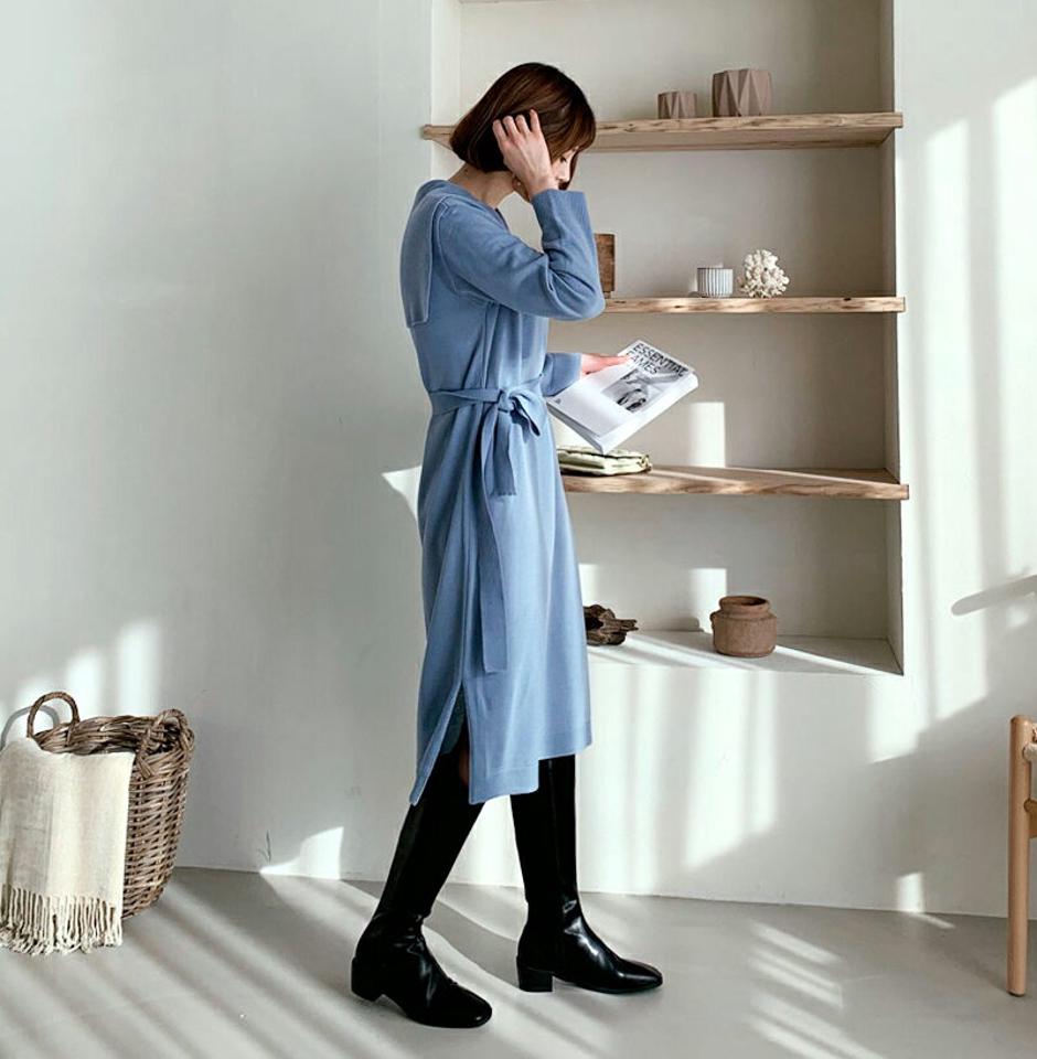 ストラップ付ビッグカラーワンピース・全3色・b62421 レディース 【ops】【韓国 ファッション ワンピース カラーワンピース スリット ロング ロングワンピース ウエストストラップ 暖かい カラー 体型カバー 襟 ポイント カジュアル 秋 冬】