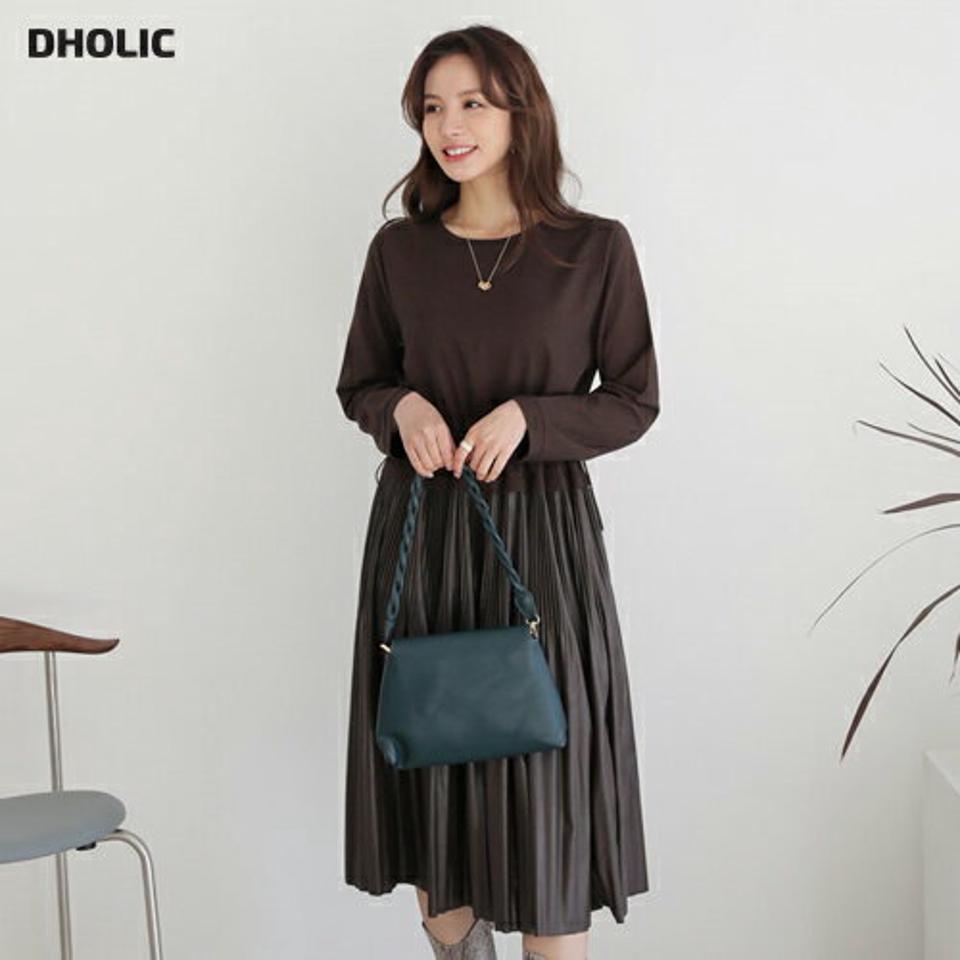 【送料無料】レザー調プリーツワンピース・全3色・b65921 レディース 【ops】【ワンピース ミディ丈 ミディワンピース プリーツ プリーツワンピース レザー 単色 無地 フェミニン 上品 長袖 大人 ウール 秋 冬 韓国 ファッション】【ハイホリHIHOLLI】