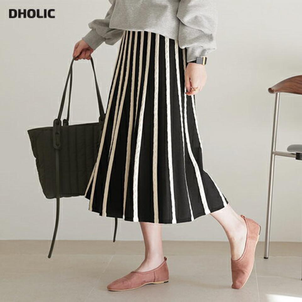 ストライプ配色ニットスカート・全2色・b65926 レディース 【sk】【スカート ミディ丈 ミディスカート ニット ニットスカート ストライプ柄 配色 ウエストゴム カジュアル 大人 秋 冬 韓国 ファッション】【ハイホリHIHOLLI】