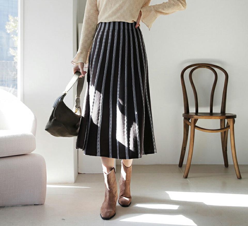 ストライプ配色ニットスカート・全2色・b65926 レディース 【sk】【スカート ミディ丈 ミディスカート ニット ニットスカート ストライプ柄 配色 ウエストゴム カジュアル 大人 秋 冬 韓国 ファッション】【ハイホリHIHOLLI】