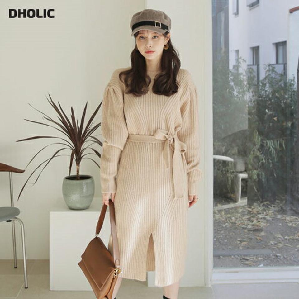 ストラップ付ニットワンピース・全3色・t65911 レディース 【ops】【ワンピース ロング ロングワンピース ニット ニットワンピース 長袖 リブ リブニット 単色 無地 シンプル カジュアル スリット ウール 秋 冬 韓国 ファッション】【ハイホリHIHOLLI】