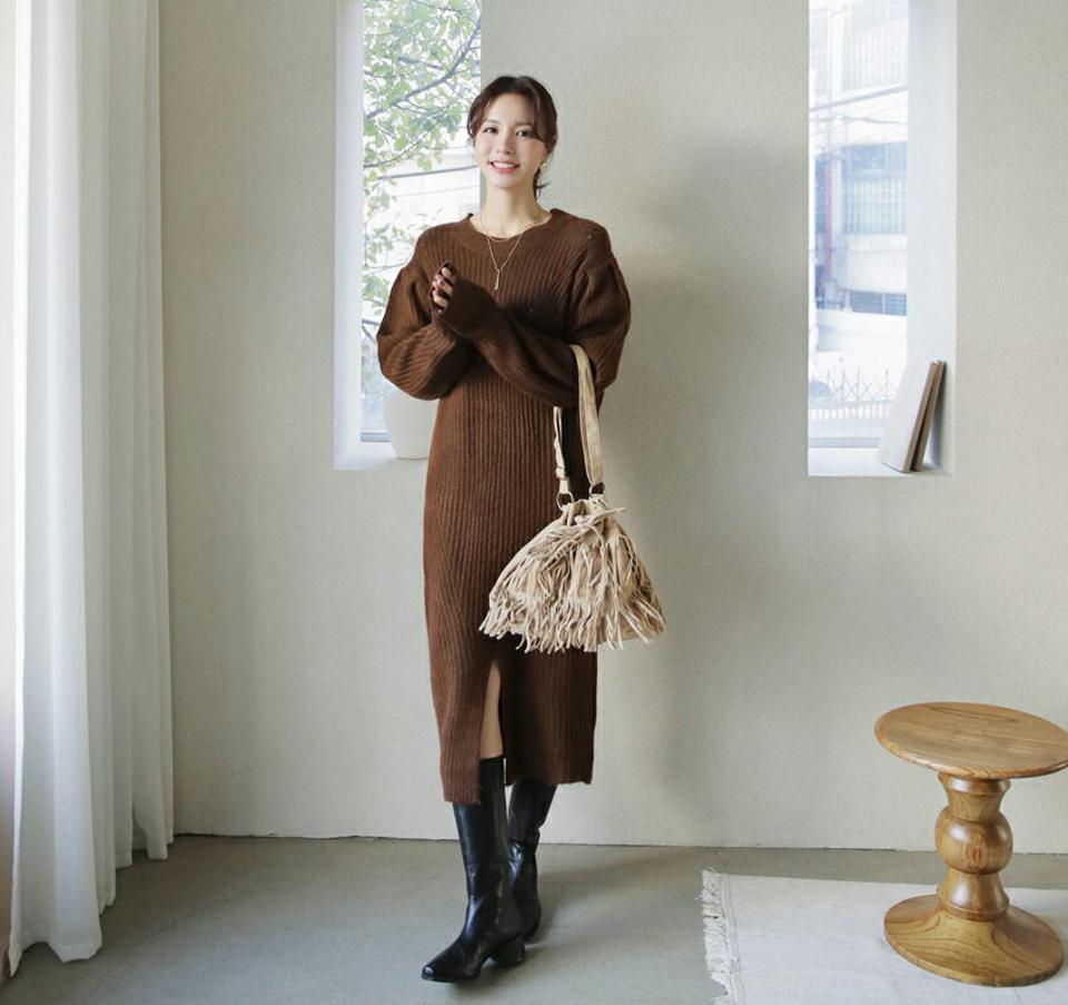 ストラップ付ニットワンピース・全3色・t65911 レディース 【ops】【ワンピース ロング ロングワンピース ニット ニットワンピース 長袖 リブ リブニット 単色 無地 シンプル カジュアル スリット ウール 秋 冬 韓国 ファッション】【ハイホリHIHOLLI】