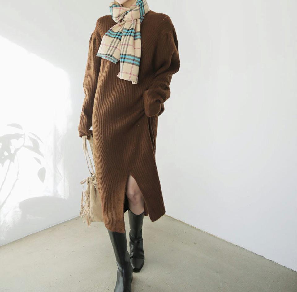 ストラップ付ニットワンピース・全3色・t65911 レディース 【ops】【ワンピース ロング ロングワンピース ニット ニットワンピース 長袖 リブ リブニット 単色 無地 シンプル カジュアル スリット ウール 秋 冬 韓国 ファッション】【ハイホリHIHOLLI】