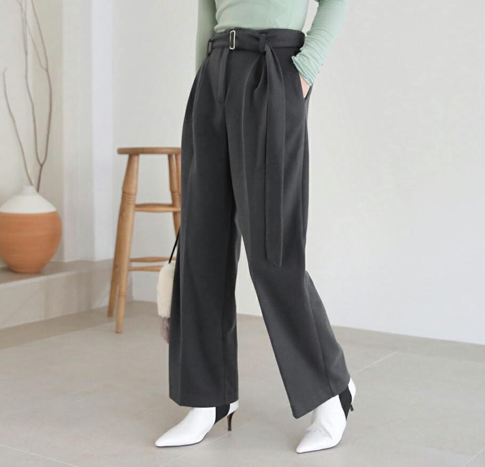 ベルト付ワイドパンツ・全2色・t65928 レディース 【pt】【パンツ ワイドパンツ ワイド ロングパンツ ズボン ベルト付き 単色 無地 シンプル 大人　オフィスカジュアル タック ベーシック 秋 冬 韓国 ファッション】【ハイホリHIHOLLI】