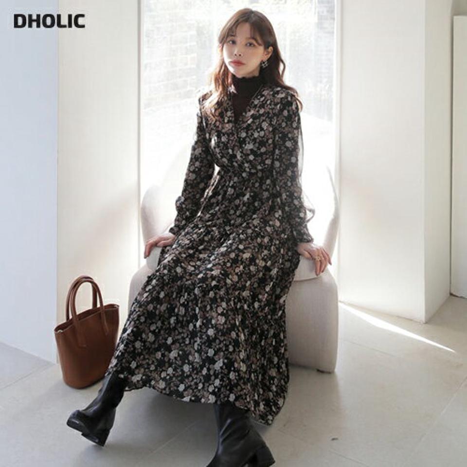 シフォン花柄ワンピース・全2色・b65924 レディース 【ops】【ワンピース ロング ロングワンピース 長袖 花柄 フラワー シフォン 透け感 シアー レトロ モダン Vネック 揺れ感 鎖骨 秋 冬 韓国 ファッション】【ハイホリHIHOLLI】