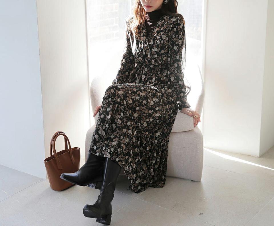 シフォン花柄ワンピース・全2色・b65924 レディース 【ops】【ワンピース ロング ロングワンピース 長袖 花柄 フラワー シフォン 透け感 シアー レトロ モダン Vネック 揺れ感 鎖骨 秋 冬 韓国 ファッション】【ハイホリHIHOLLI】