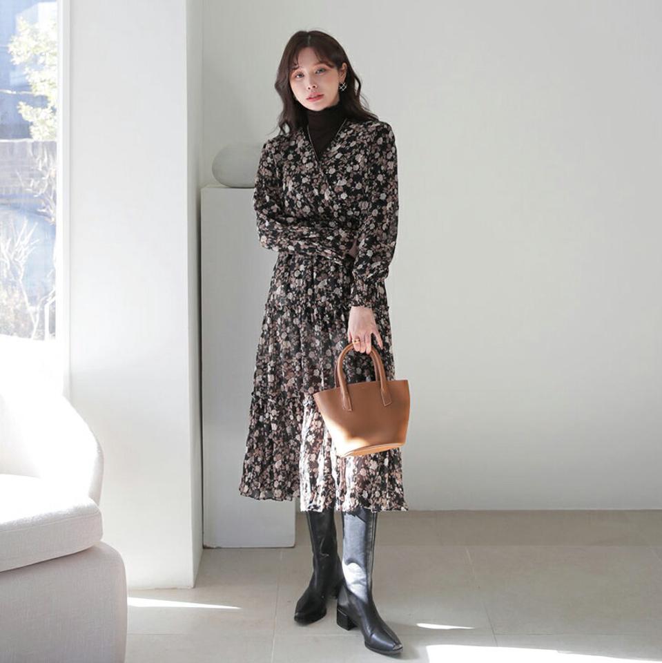 シフォン花柄ワンピース・全2色・b65924 レディース 【ops】【ワンピース ロング ロングワンピース 長袖 花柄 フラワー シフォン 透け感 シアー レトロ モダン Vネック 揺れ感 鎖骨 秋 冬 韓国 ファッション】【ハイホリHIHOLLI】