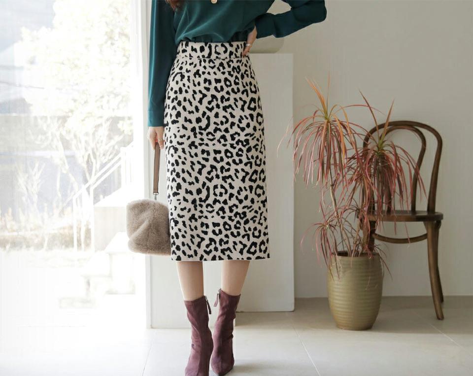 レオパードスリットスカート・全4色・b65930 レディース 【sk】【スカート ミディ丈 ミディスカート スリット レオパード ヒョウ柄 豹柄 アニマル柄 Hライン 大人 秋 冬 韓国 ファッション】【ハイホリHIHOLLI】