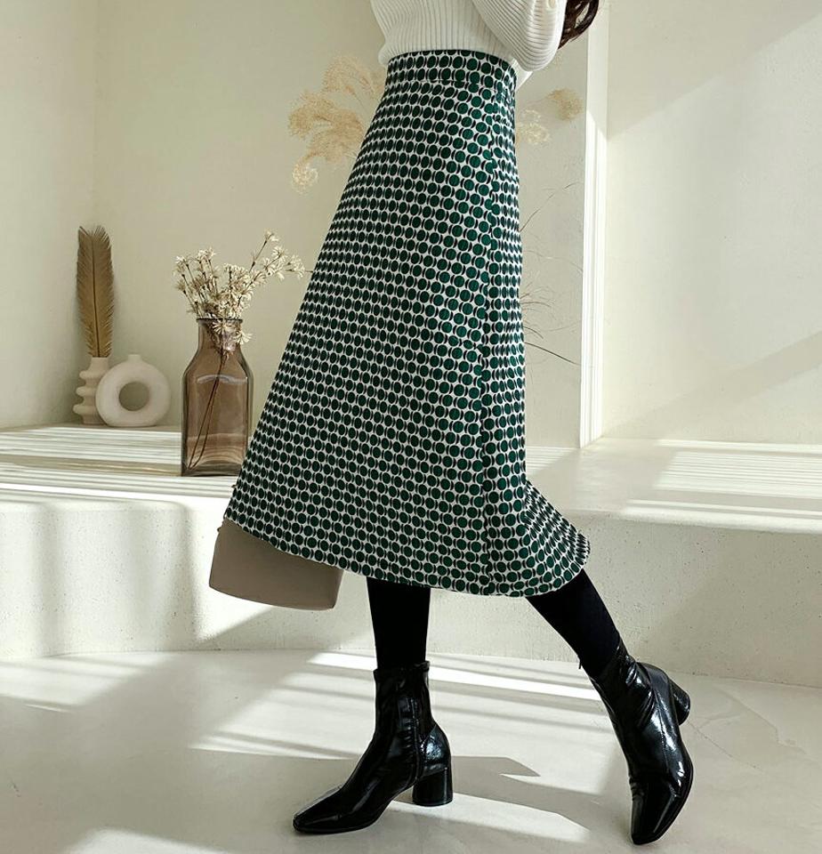 サークルパターンフレアスカート・全2色・b56538 レディース 【sk】【韓国 ファッション ボトムス スカート ロング パターン フレア Aライン スリット サークル バックゴム ボリューミー ファスナー付き フェミニン 大人 カジュアル 秋 冬】