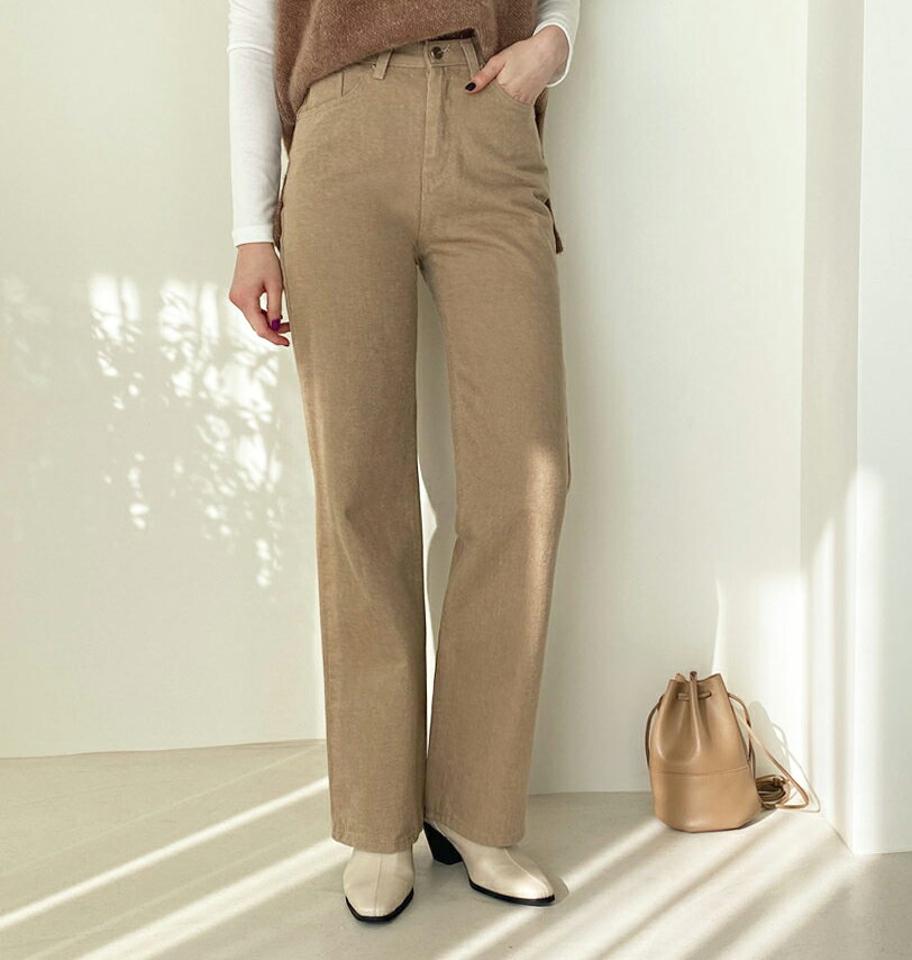 裏起毛ストレートパンツ・全3色・t56540 レディース 【pt】【韓国 ファッション ボトムス パンツ ロング ストレート ボタン ファスナー ポケット付き スリム 細身 ハイウエスト 10分丈 保温性 裏起毛 カジュアル 秋 冬】