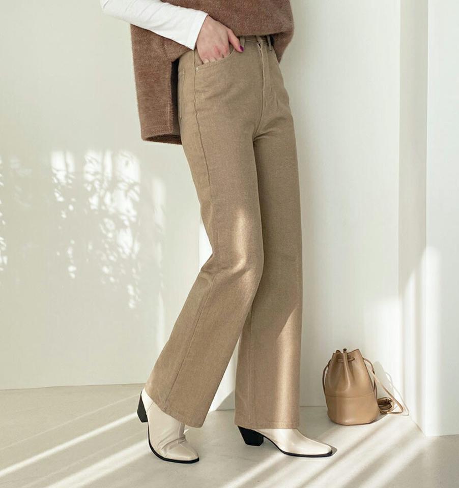 裏起毛ストレートパンツ・全3色・t56540 レディース 【pt】【韓国 ファッション ボトムス パンツ ロング ストレート ボタン ファスナー ポケット付き スリム 細身 ハイウエスト 10分丈 保温性 裏起毛 カジュアル 秋 冬】