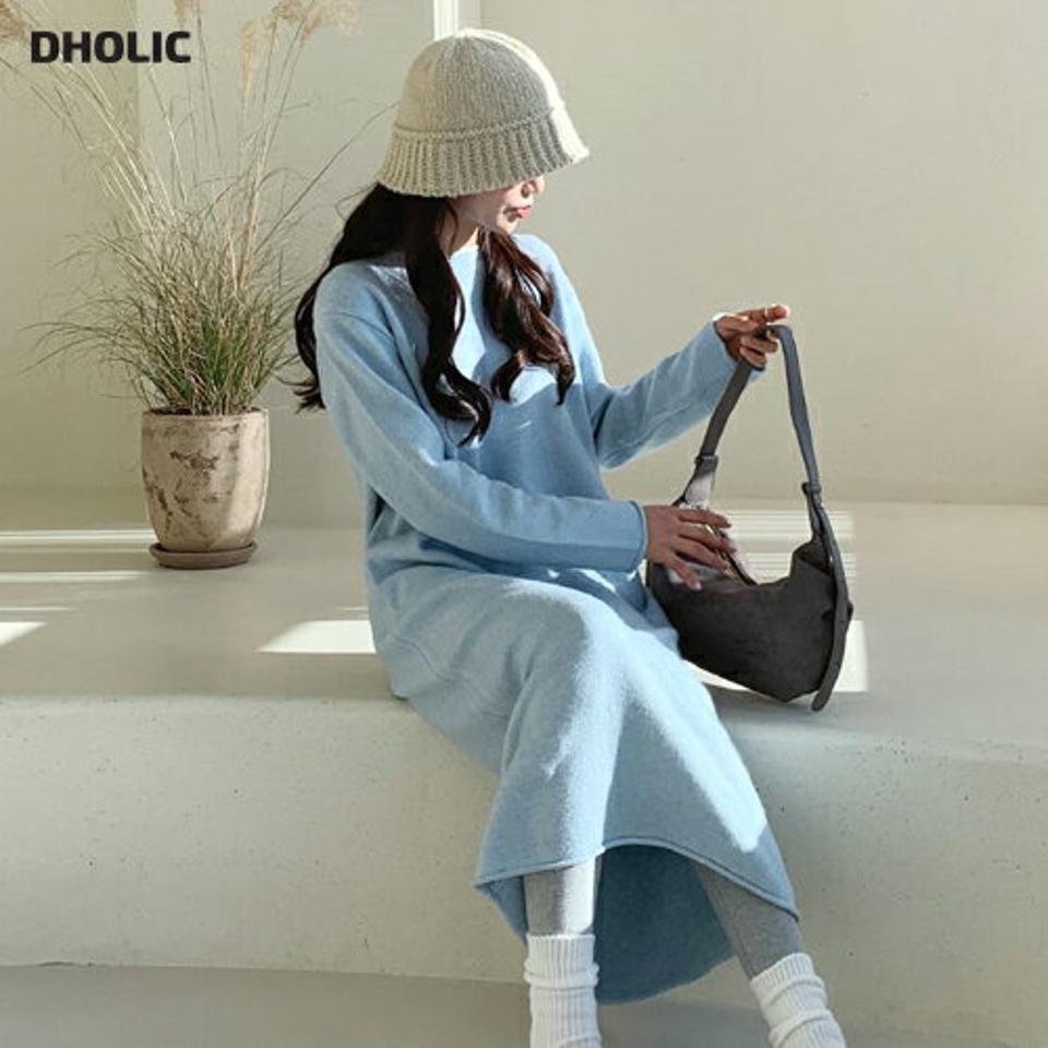 ロールヘムニットワンピース・全3色・t56529 レディース 【ops】【韓国 ファッション ワンピース ロング ラウンドネック ニット ロールヘム 長袖 柔らかい 無地 デイリー カジュアル 秋 冬】