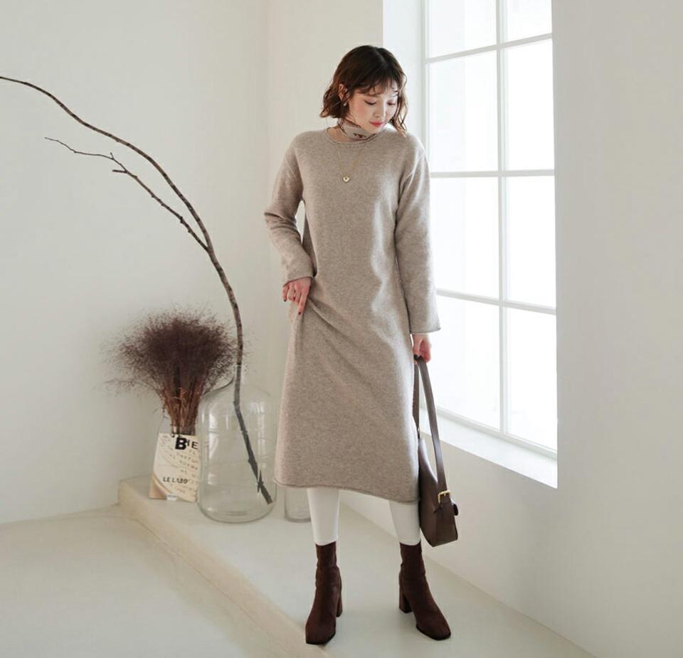 ロールヘムニットワンピース・全3色・t56529 レディース 【ops】【韓国 ファッション ワンピース ロング ラウンドネック ニット ロールヘム 長袖 柔らかい 無地 デイリー カジュアル 秋 冬】
