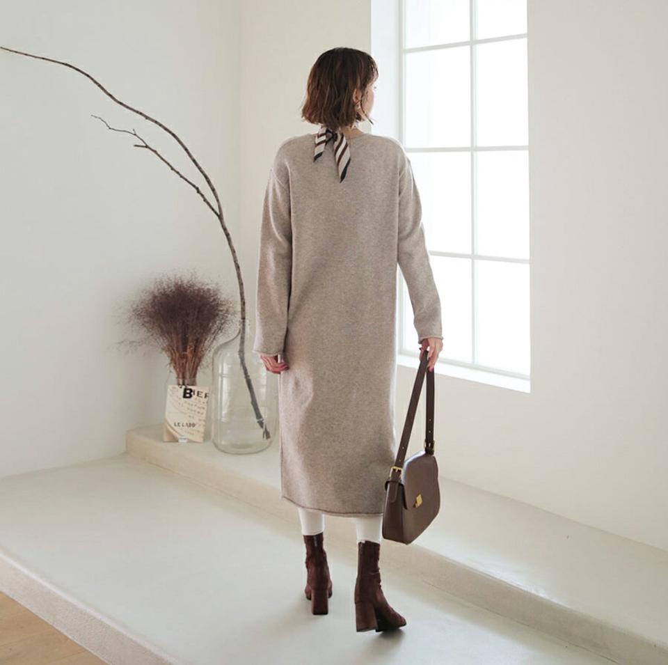 ロールヘムニットワンピース・全3色・t56529 レディース 【ops】【韓国 ファッション ワンピース ロング ラウンドネック ニット ロールヘム 長袖 柔らかい 無地 デイリー カジュアル 秋 冬】