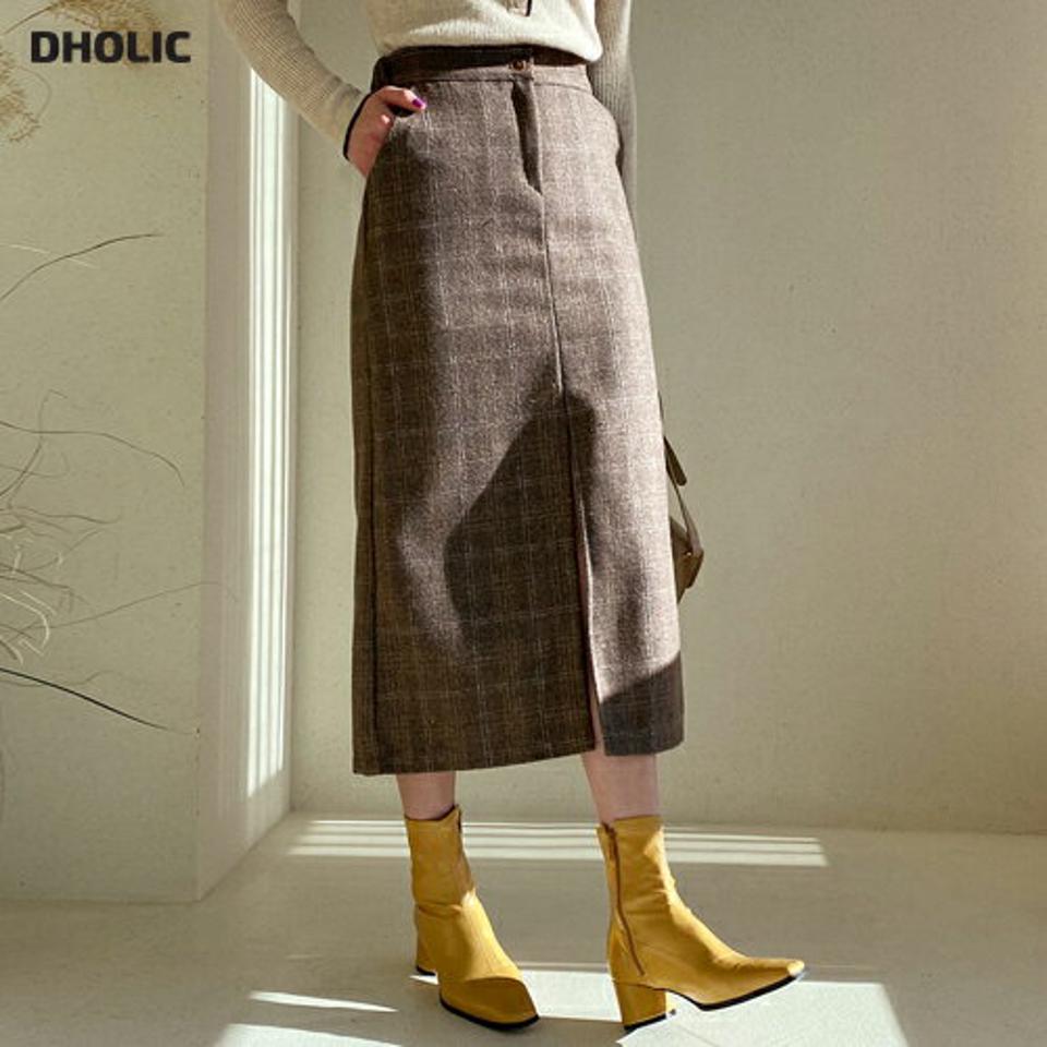 チェックペンシルスカート・全3色・t56536 レディース 【sk】【韓国 ファッション ボトムス スカート ロング ロングスカート チェック ユニーク Hライン スリット ウエストゴム ファスナー ポケットサイドポケット カジュアル 秋 冬】