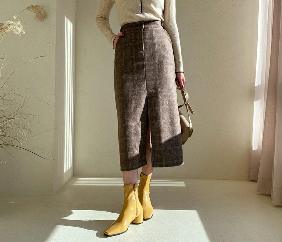 チェックペンシルスカート・全3色・t56536 レディース 【sk】【韓国 ファッション ボトムス スカート ロング ロングスカート チェック ユニーク Hライン スリット ウエストゴム ファスナー ポケットサイドポケット カジュアル 秋 冬】