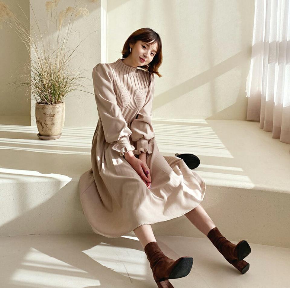 ≪人気商品再入荷≫ニットコントラストワンピース・全2色・t56549 レディース 【ops】韓国ファッション 異素材ミックス ワンピース プリーツ ニット コントラスト ハーフネック フリル Aライン 長袖 バズ リブニット ボリューム カジュアル 秋 冬