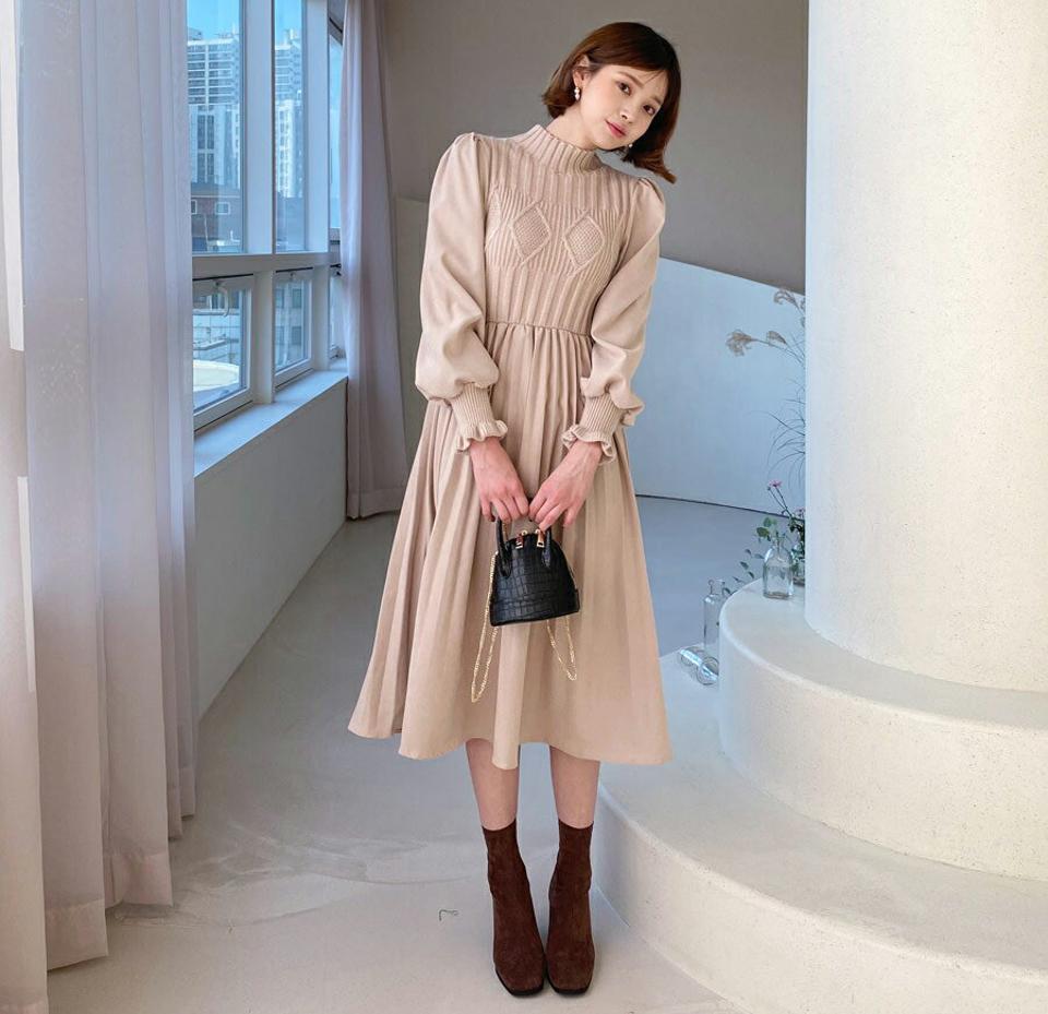 ≪人気商品再入荷≫ニットコントラストワンピース・全2色・t56549 レディース 【ops】韓国ファッション 異素材ミックス ワンピース プリーツ ニット コントラスト ハーフネック フリル Aライン 長袖 バズ リブニット ボリューム カジュアル 秋 冬