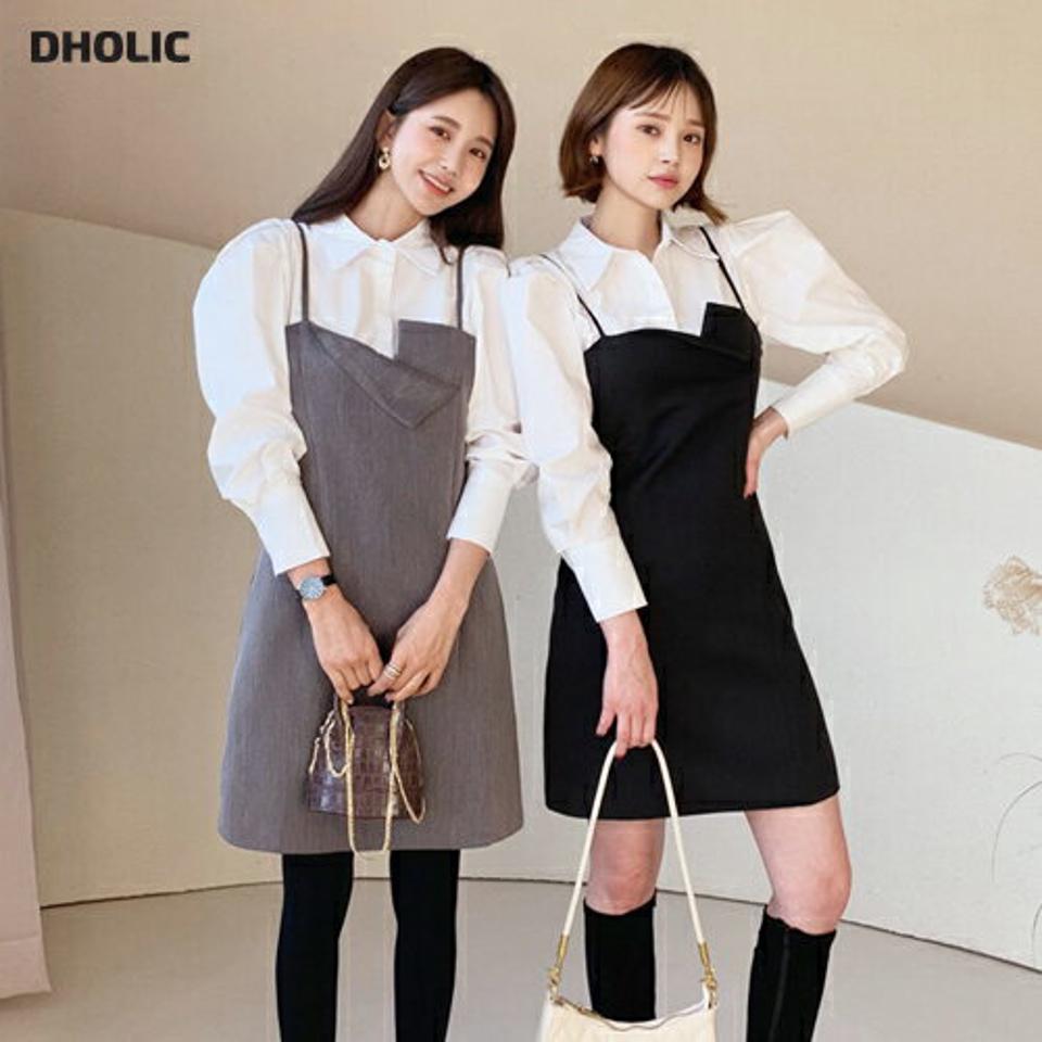 パフシャツ&ミニワンピースSET・全2色・t56527 レディース 【ops】【韓国 ファッション ワンピース ミニ ミニワンピース セットアップ シャツ パフスリーブ キャミ キャミソール スリット バックファスナー フェミニン カジュアル 秋 冬】