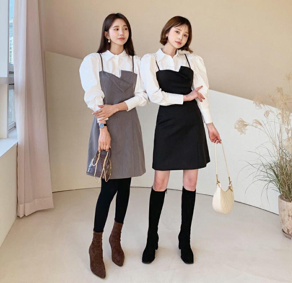 パフシャツ&ミニワンピースSET・全2色・t56527 レディース 【ops】【韓国 ファッション ワンピース ミニ ミニワンピース セットアップ シャツ パフスリーブ キャミ キャミソール スリット バックファスナー フェミニン カジュアル 秋 冬】