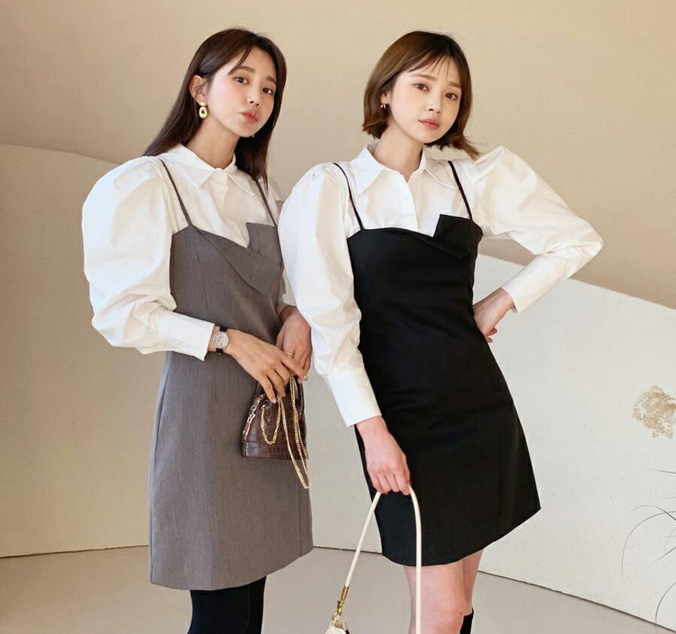 パフシャツ&ミニワンピースSET・全2色・t56527 レディース 【ops】【韓国 ファッション ワンピース ミニ ミニワンピース セットアップ シャツ パフスリーブ キャミ キャミソール スリット バックファスナー フェミニン カジュアル 秋 冬】