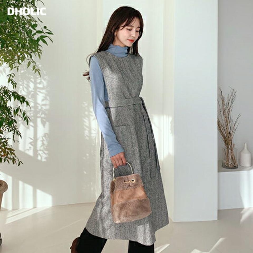 2WAYヘリンボーンワンピース・全2色・b56526 レディース 【ops】【韓国 ファッション ワンピース ロング ラウンドネック Vネック リボン フィット 2WAY ヘリンボーン スリーブレス レイヤード ノースリーブ 大人 上品 ポケット` カジュアル 秋 冬】