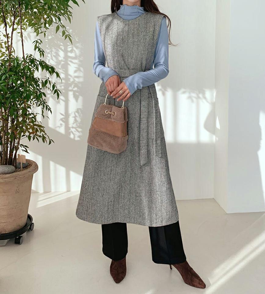 2WAYヘリンボーンワンピース・全2色・b56526 レディース 【ops】【韓国 ファッション ワンピース ロング ラウンドネック Vネック リボン フィット 2WAY ヘリンボーン スリーブレス レイヤード ノースリーブ 大人 上品 ポケット` カジュアル 秋 冬】