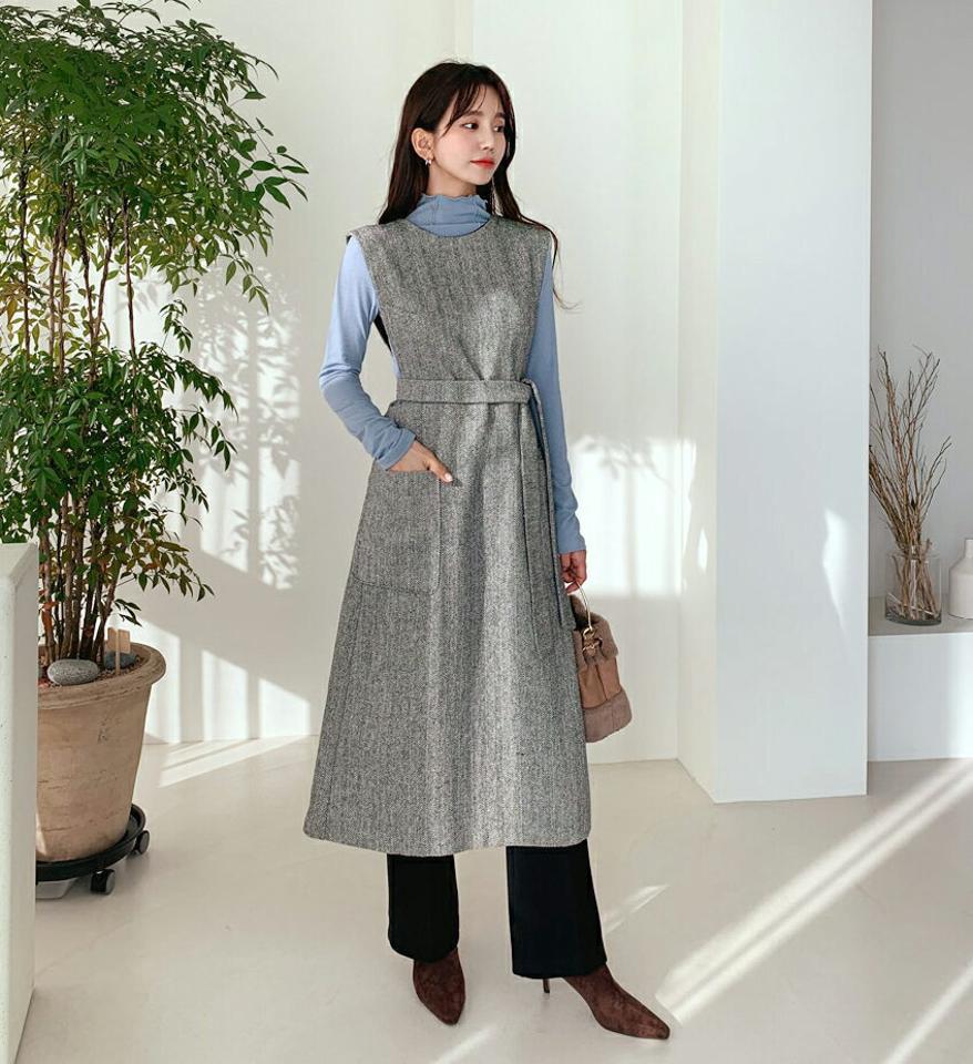 2WAYヘリンボーンワンピース・全2色・b56526 レディース 【ops】【韓国 ファッション ワンピース ロング ラウンドネック Vネック リボン フィット 2WAY ヘリンボーン スリーブレス レイヤード ノースリーブ 大人 上品 ポケット` カジュアル 秋 冬】