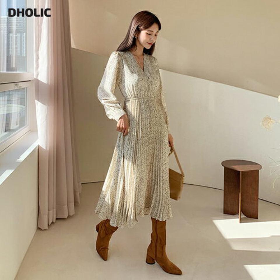 Vネックプリーツパターンワンピース・全2色・b56528 レディース 【ops】【韓国 ファッション ワンピース ロング ロングワンピース プリーツ フレア Aライン ウエストゴム パターン Vネック ボタン フェミニン プリーツワンピース カジュアル 秋 冬】