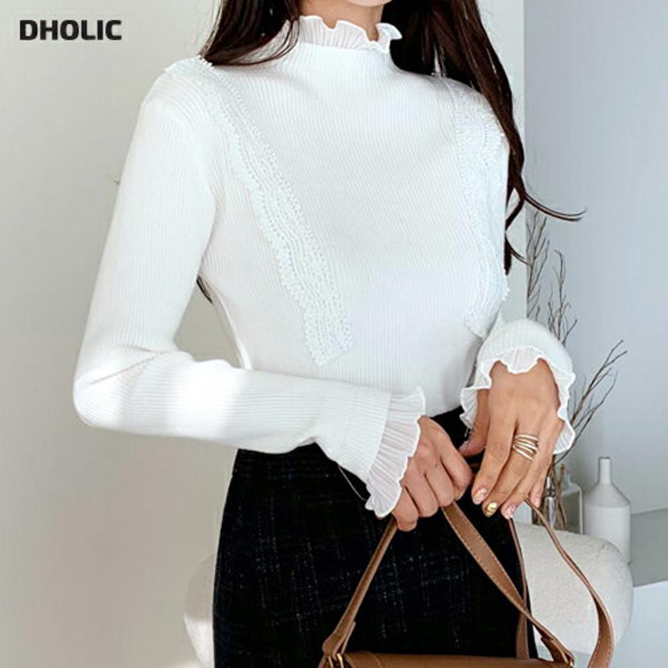 プリーツフリルニット・全2色・b56514 レディース 【tops】【韓国 ファッション トップス ニット ハイネック ハーフネック フリル プリーツフリル 長袖 レース フェミニン スリム フィット 大人 上品 カジュアル 秋 冬】