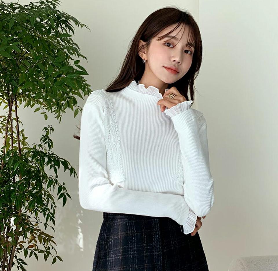 プリーツフリルニット・全2色・b56514 レディース 【tops】【韓国 ファッション トップス ニット ハイネック ハーフネック フリル プリーツフリル 長袖 レース フェミニン スリム フィット 大人 上品 カジュアル 秋 冬】