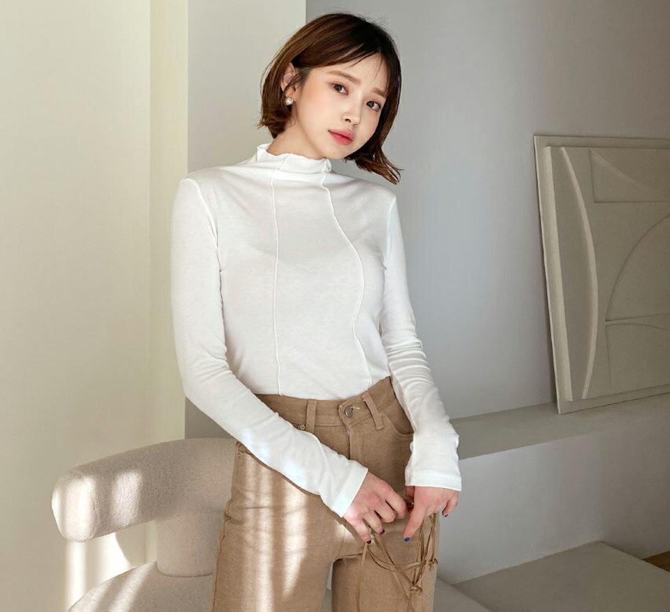 ラインハイネックTシャツ・全3色・t56512 レディース 【tops】【韓国 ファッション トップス Tシャツ ハイネック タートルネック ボトルネック ウェーブネック プレス 長袖 無地 レイヤード ベーシック デイリー スリム カジュアル 秋 冬】