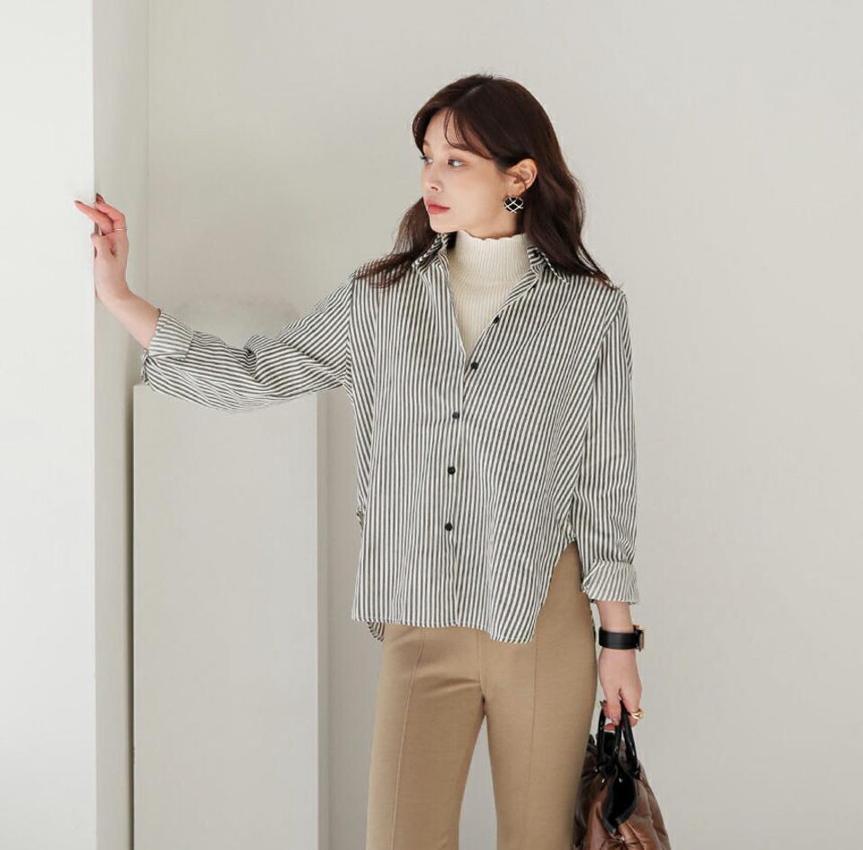 ストライプシャツ&タートルニットSET・全2色・b65918 レディース 【bl】【トップス シャツ ニット 長袖 ストライプ柄 無地 単色 レイヤード タートルネック タートル セット set 大人 カジュアル 秋 冬 韓国 ファッション】【ハイホリHIHOLLI】