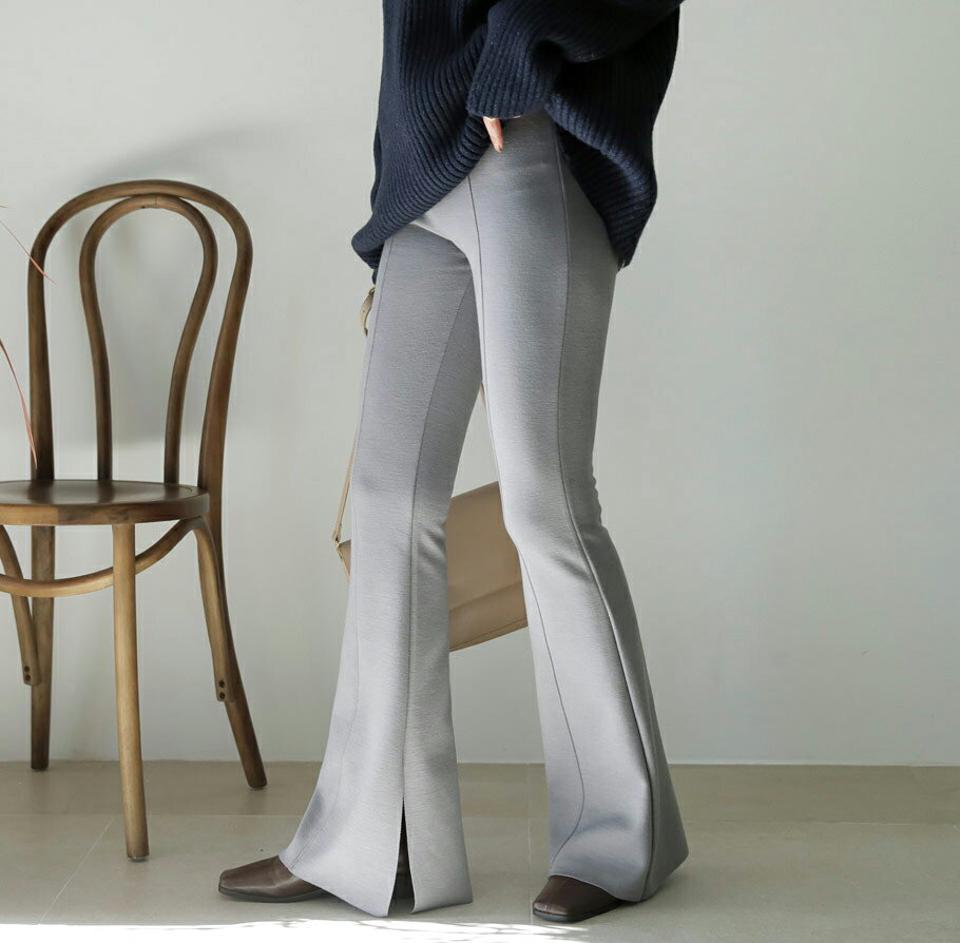 裏起毛ブーツカットスリットパンツ・全3色・t65927 レディース 【pt】【パンツ ロングパンツ ズボン スリット ブーツカット 裏起毛 単色 無地 シンプル 大人 きれいめ スタイルアップ カットオフ 冬 韓国 ファッション】【ハイホリHIHOLLI】