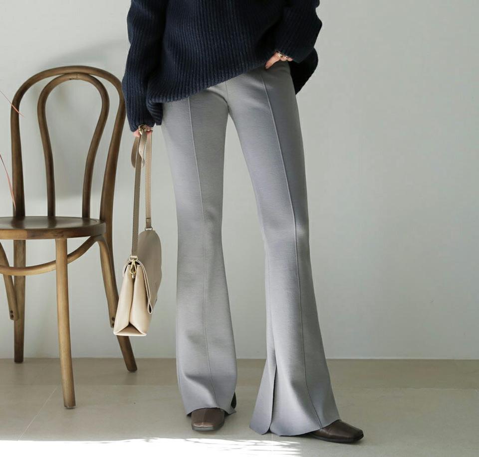 裏起毛ブーツカットスリットパンツ・全3色・t65927 レディース 【pt】【パンツ ロングパンツ ズボン スリット ブーツカット 裏起毛 単色 無地 シンプル 大人 きれいめ スタイルアップ カットオフ 冬 韓国 ファッション】【ハイホリHIHOLLI】