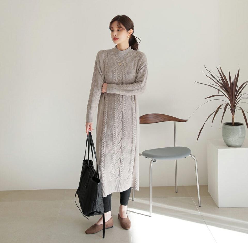 ウェーブニットワンピース・全3色・b65910 レディース 【ops】【ワンピース ロング ロングワンピース ニット ニットワンピース ハーフネック 単色 シンプル カジュアル 体型カバー 秋 冬 韓国 ファッション】【ハイホリHIHOLLI】