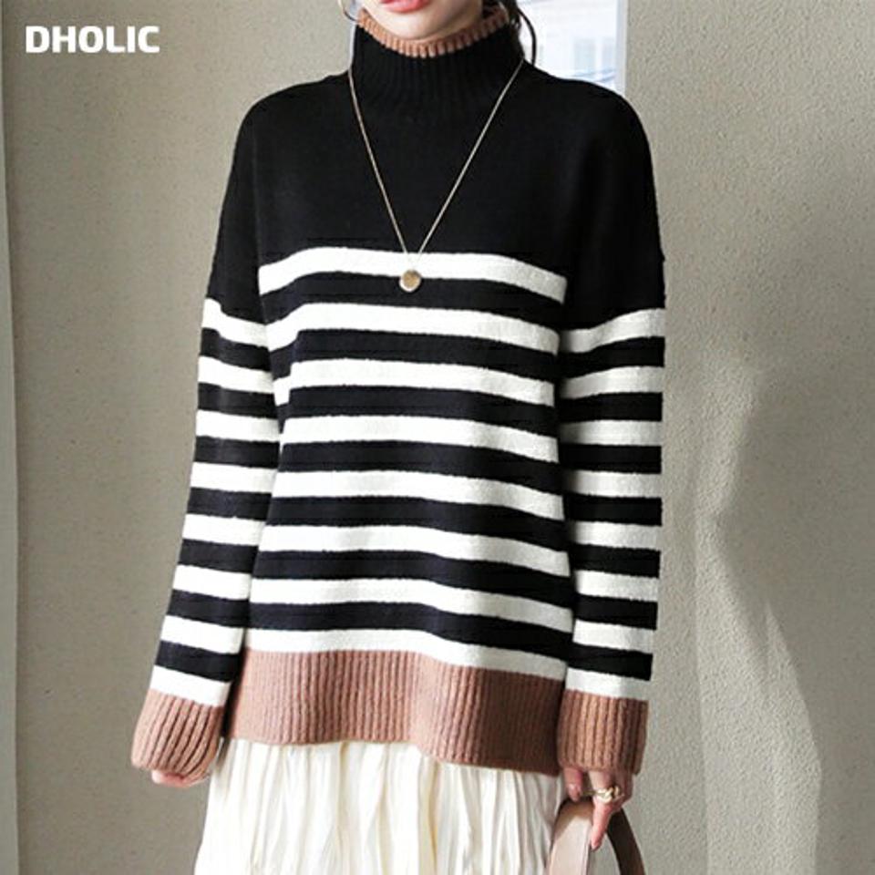 ハイネック配色ボーダーニット・全3色・b65907 レディース 【tops】【トップス ニット ニットトップス ボーダー柄 配色 ハイネック カジュアル ラフ アンバランス 秋 冬 韓国 ファッション】【ハイホリHIHOLLI】