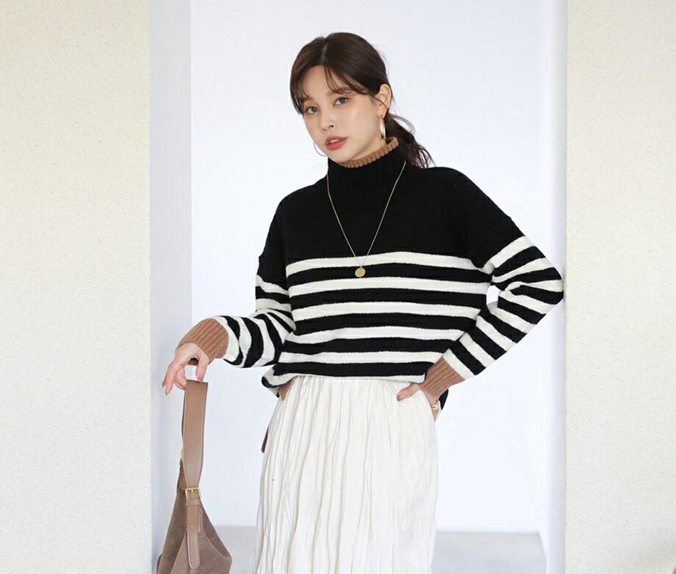 ハイネック配色ボーダーニット・全3色・b65907 レディース 【tops】【トップス ニット ニットトップス ボーダー柄 配色 ハイネック カジュアル ラフ アンバランス 秋 冬 韓国 ファッション】【ハイホリHIHOLLI】
