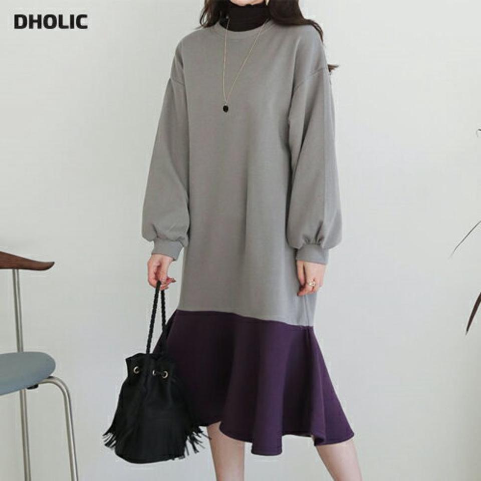 裏起毛フレア配色ワンピース・全4色・b65923 レディース 【ops】【ワンピース ミディ丈 ミディワンピース 長袖 フレア フレアワンピース 裏起毛 配色 カジュアル 大人 ラフ 冬 韓国 ファッション】【ハイホリHIHOLLI】