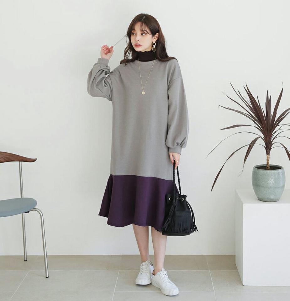 裏起毛フレア配色ワンピース・全4色・b65923 レディース 【ops】【ワンピース ミディ丈 ミディワンピース 長袖 フレア フレアワンピース 裏起毛 配色 カジュアル 大人 ラフ 冬 韓国 ファッション】【ハイホリHIHOLLI】