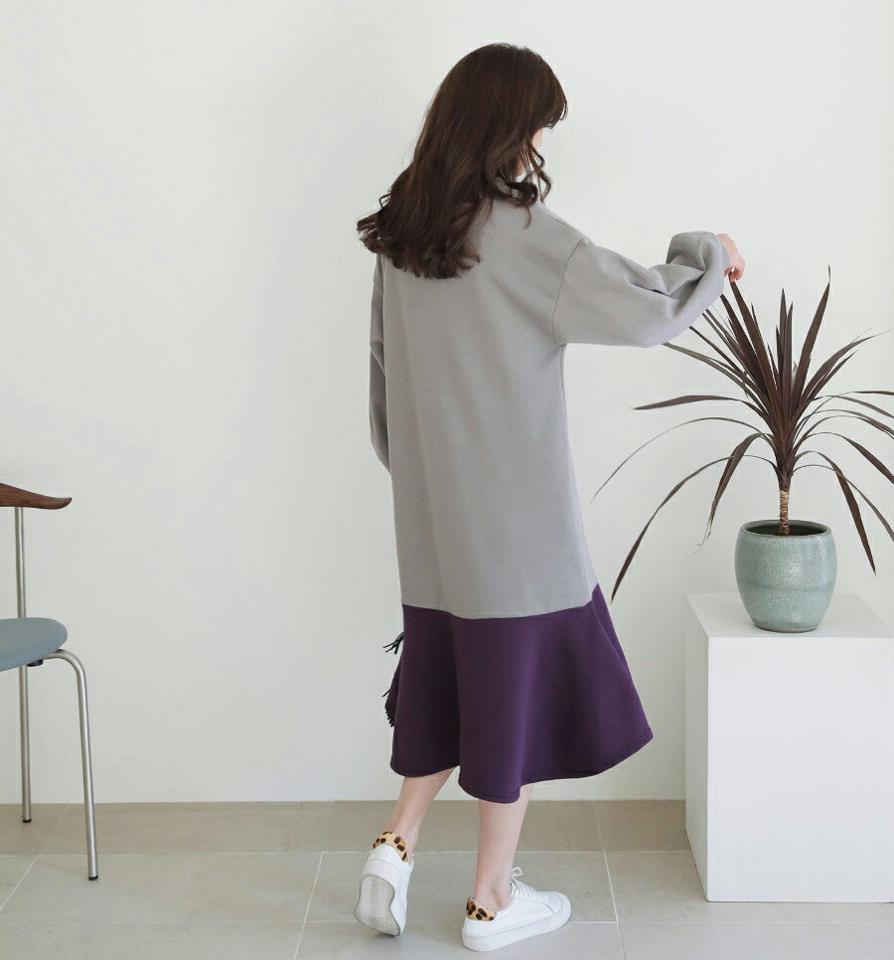 裏起毛フレア配色ワンピース・全4色・b65923 レディース 【ops】【ワンピース ミディ丈 ミディワンピース 長袖 フレア フレアワンピース 裏起毛 配色 カジュアル 大人 ラフ 冬 韓国 ファッション】【ハイホリHIHOLLI】