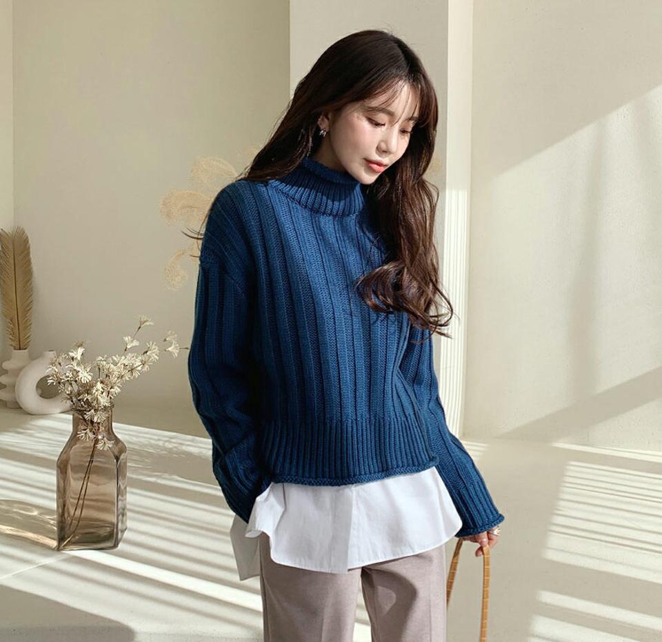 ロールリブハイネックニット・全4色・b56523 レディース 【tops】【韓国 ファッション トップス ニット 長袖 ロールリブ ルーズ ゆったり ユニーク タートルネック ハイネック ベーシック クロップド ナチュラル リブ カジュアル 秋 冬】