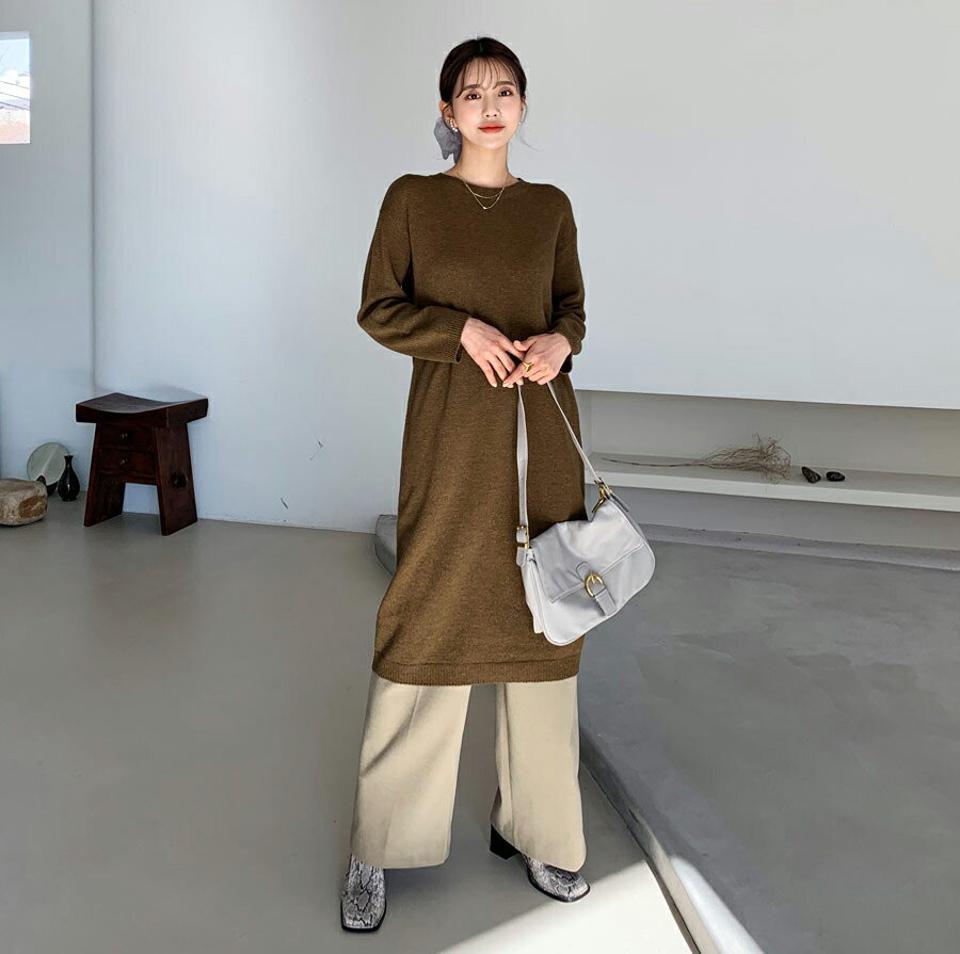 ラウンドニットワンピース・全6色・t64720 レディース 【ops】【韓国 ファッション ワンピース ロング Hライン ラウンドネック 長袖 ニット 上品 大人 柔らかい 細身 ルーズ カジュアル 秋 冬】