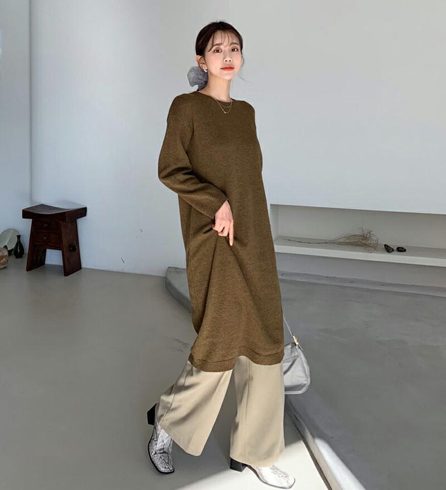 ラウンドニットワンピース・全6色・t64720 レディース 【ops】【韓国 ファッション ワンピース ロング Hライン ラウンドネック 長袖 ニット 上品 大人 柔らかい 細身 ルーズ カジュアル 秋 冬】