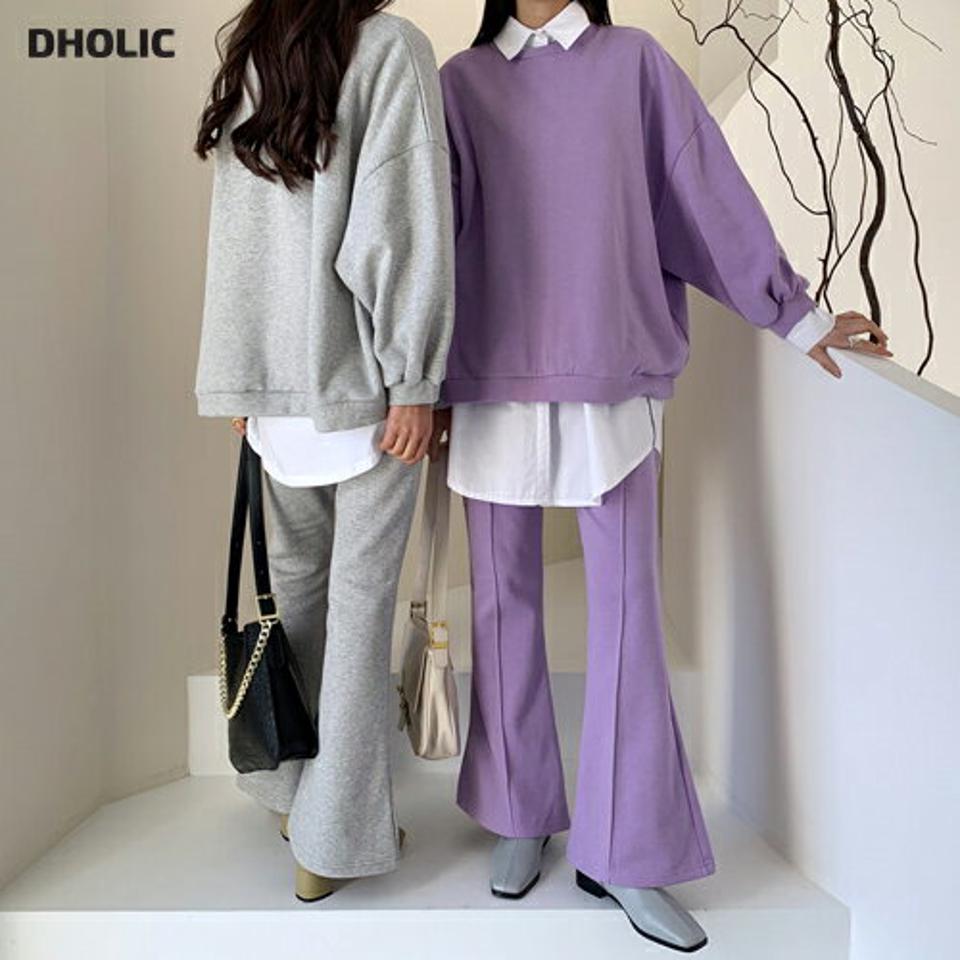 裏起毛スウェット&パンツSET・全3色・b64703 レディース 【pt】【韓国 ファッション セットアップ ボトムス 裏起毛 スウェット ラウンドネック 長袖 ハーフスリーブ パンツ ワイド ゆったり ルーズ 無地 ルーズ ゆったり ウエストゴム カジュアル 秋 冬】