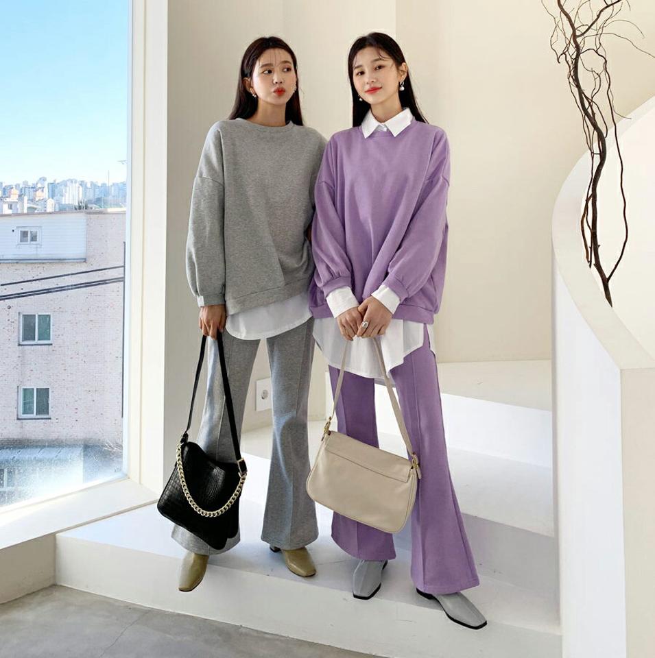 裏起毛スウェット&パンツSET・全3色・b64703 レディース 【pt】【韓国 ファッション セットアップ ボトムス 裏起毛 スウェット ラウンドネック 長袖 ハーフスリーブ パンツ ワイド ゆったり ルーズ 無地 ルーズ ゆったり ウエストゴム カジュアル 秋 冬】