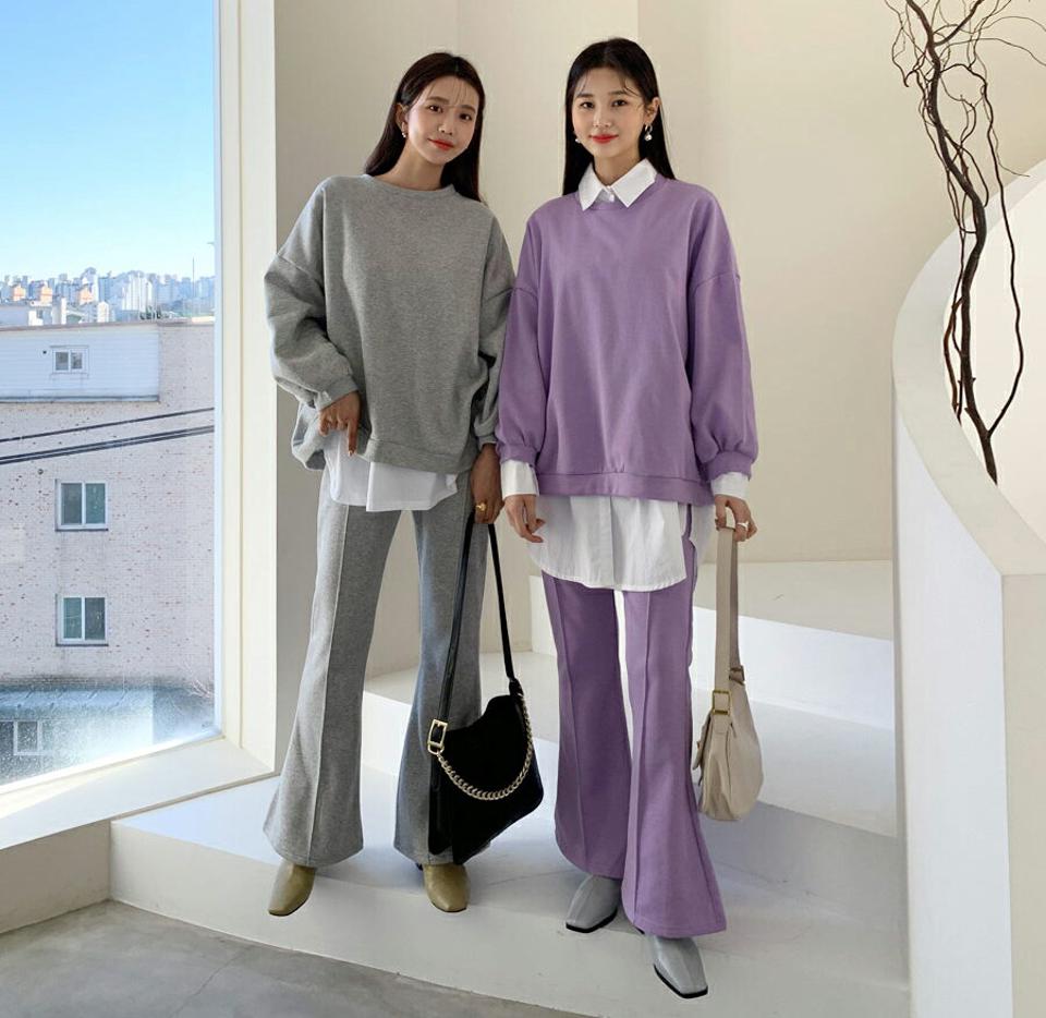 裏起毛スウェット&パンツSET・全3色・b64703 レディース 【pt】【韓国 ファッション セットアップ ボトムス 裏起毛 スウェット ラウンドネック 長袖 ハーフスリーブ パンツ ワイド ゆったり ルーズ 無地 ルーズ ゆったり ウエストゴム カジュアル 秋 冬】